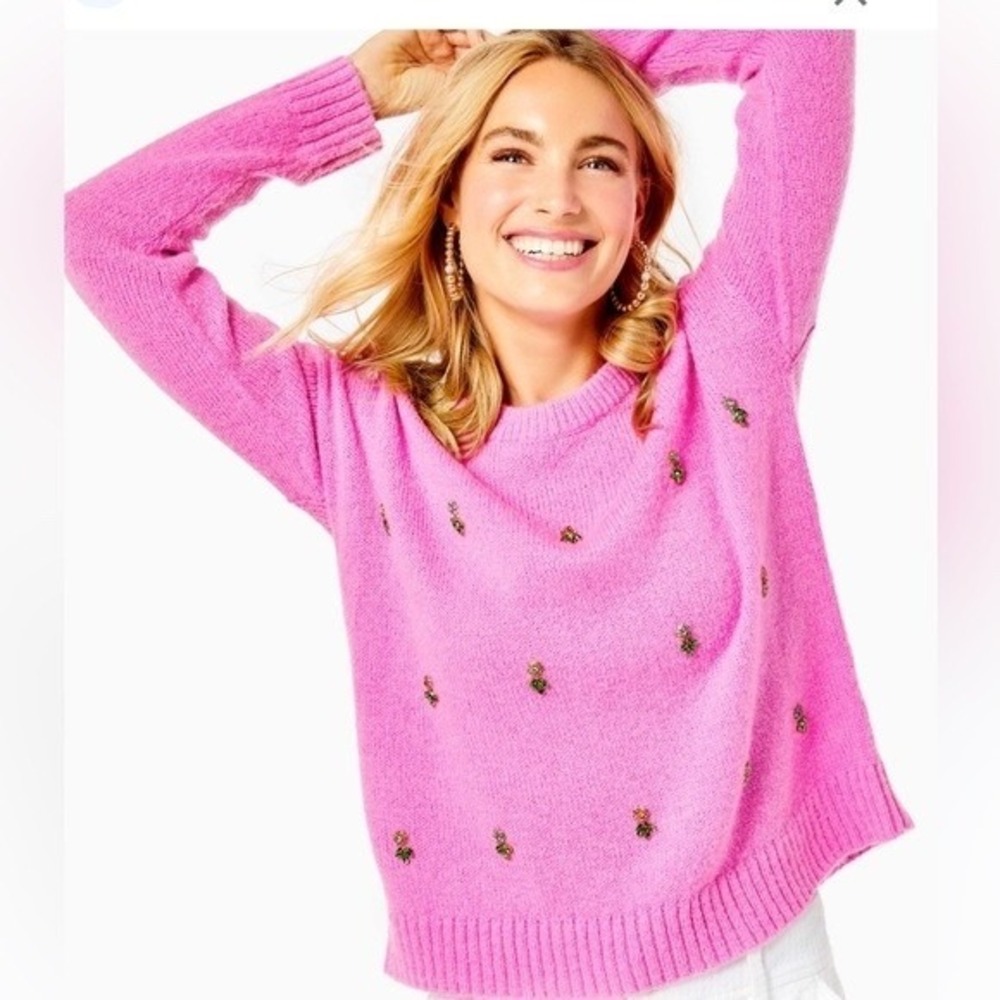 Lilly Pulitzer Stila Stilla Pink Embellished Beaded Wool Blend Sweater Large